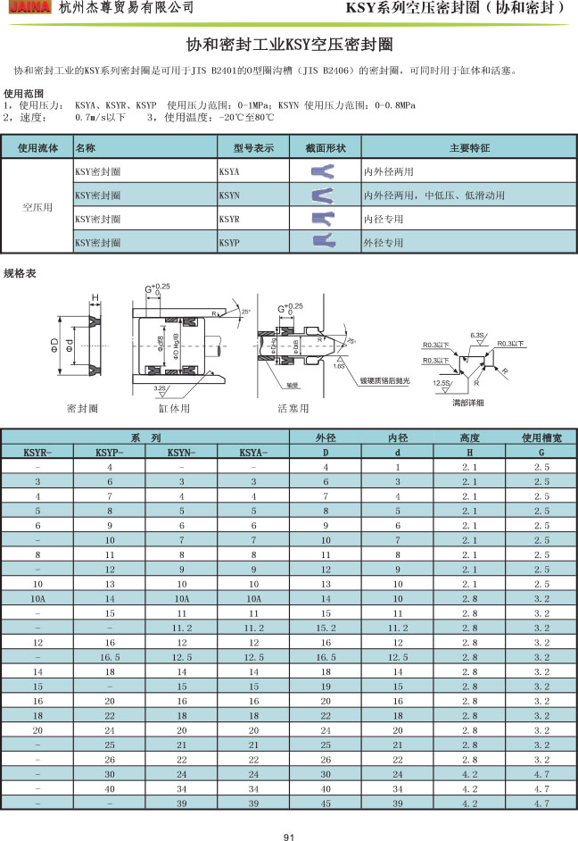 协和 KSY空压密封规格表